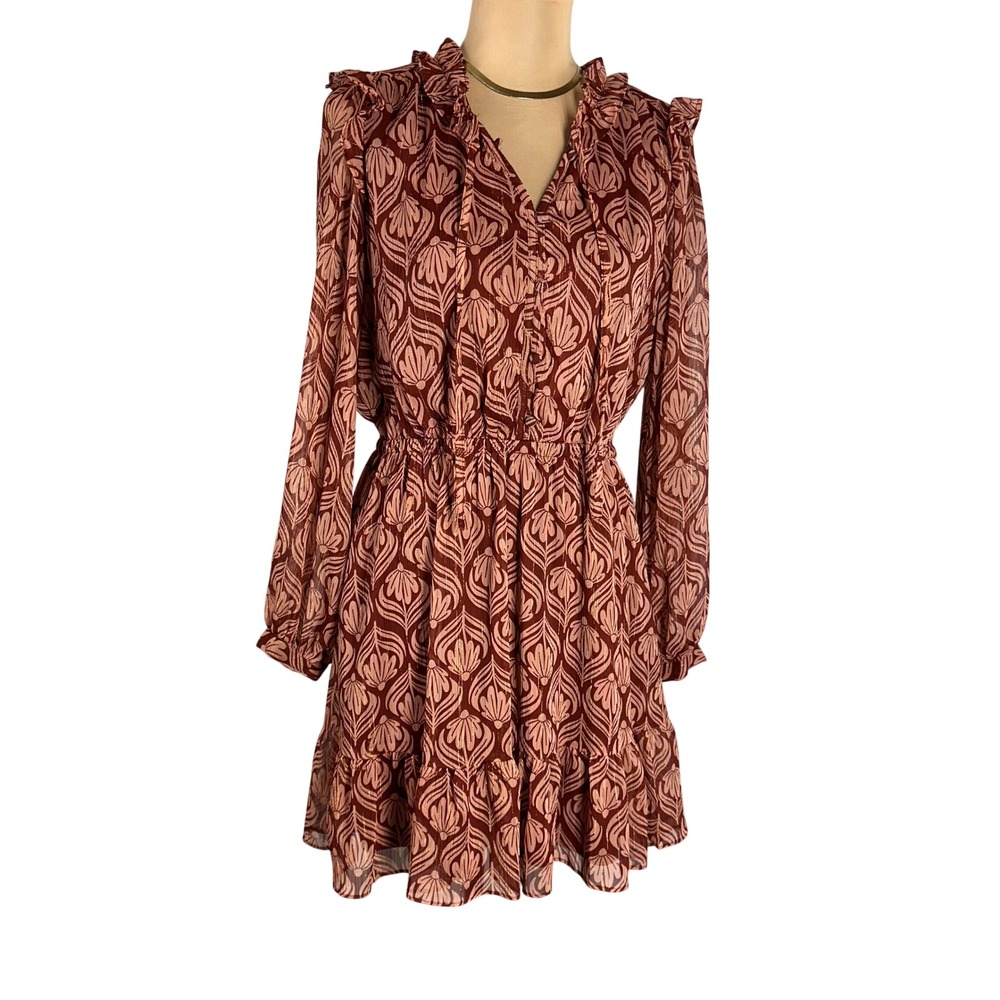 LC Lauren Conrad Rust Pink Floral Metallic Mini Dress Womens Medium Lurex Ruffle
